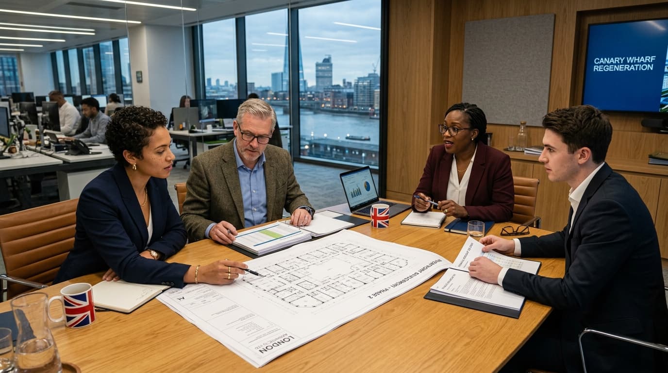 Group of business professionals reviewing property investment documents together