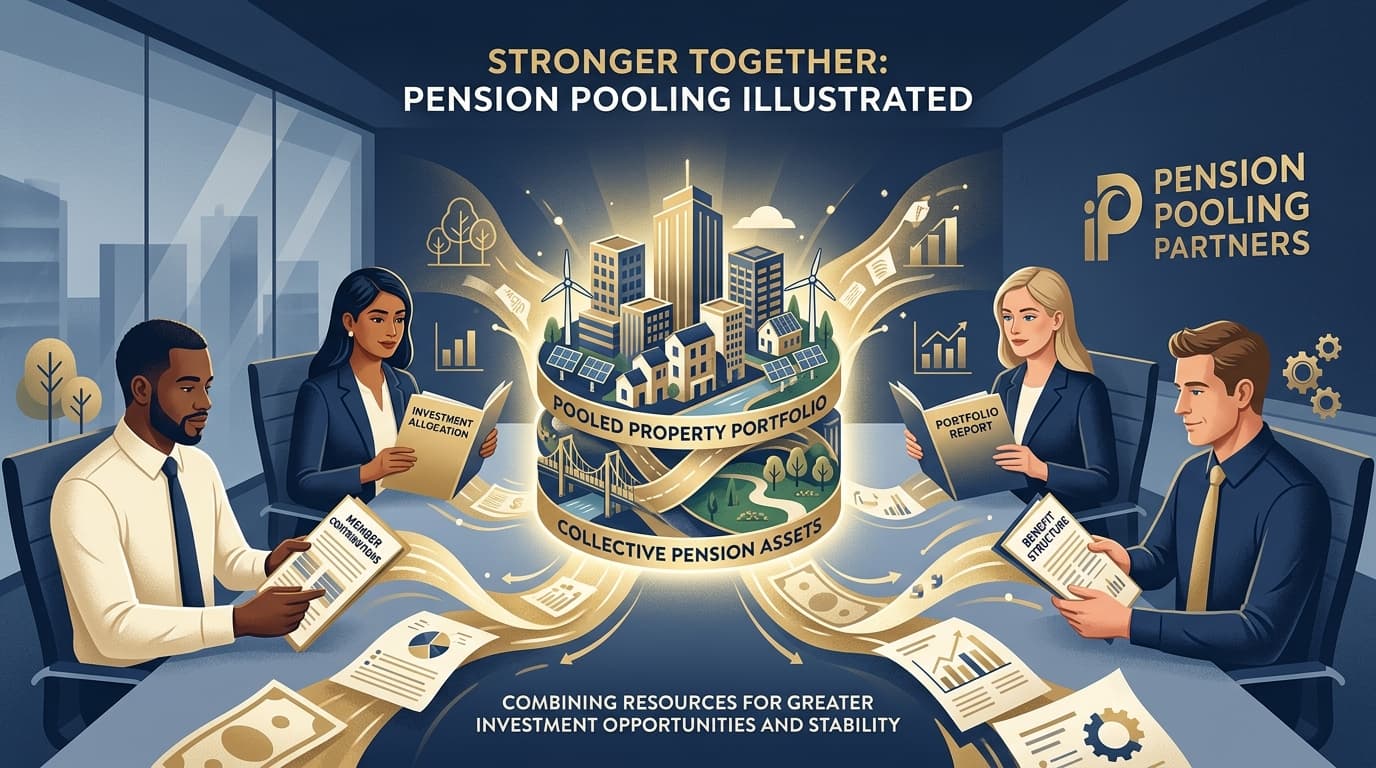 Four business people combining resources shown as merging arrows, representing SSAS member pooling