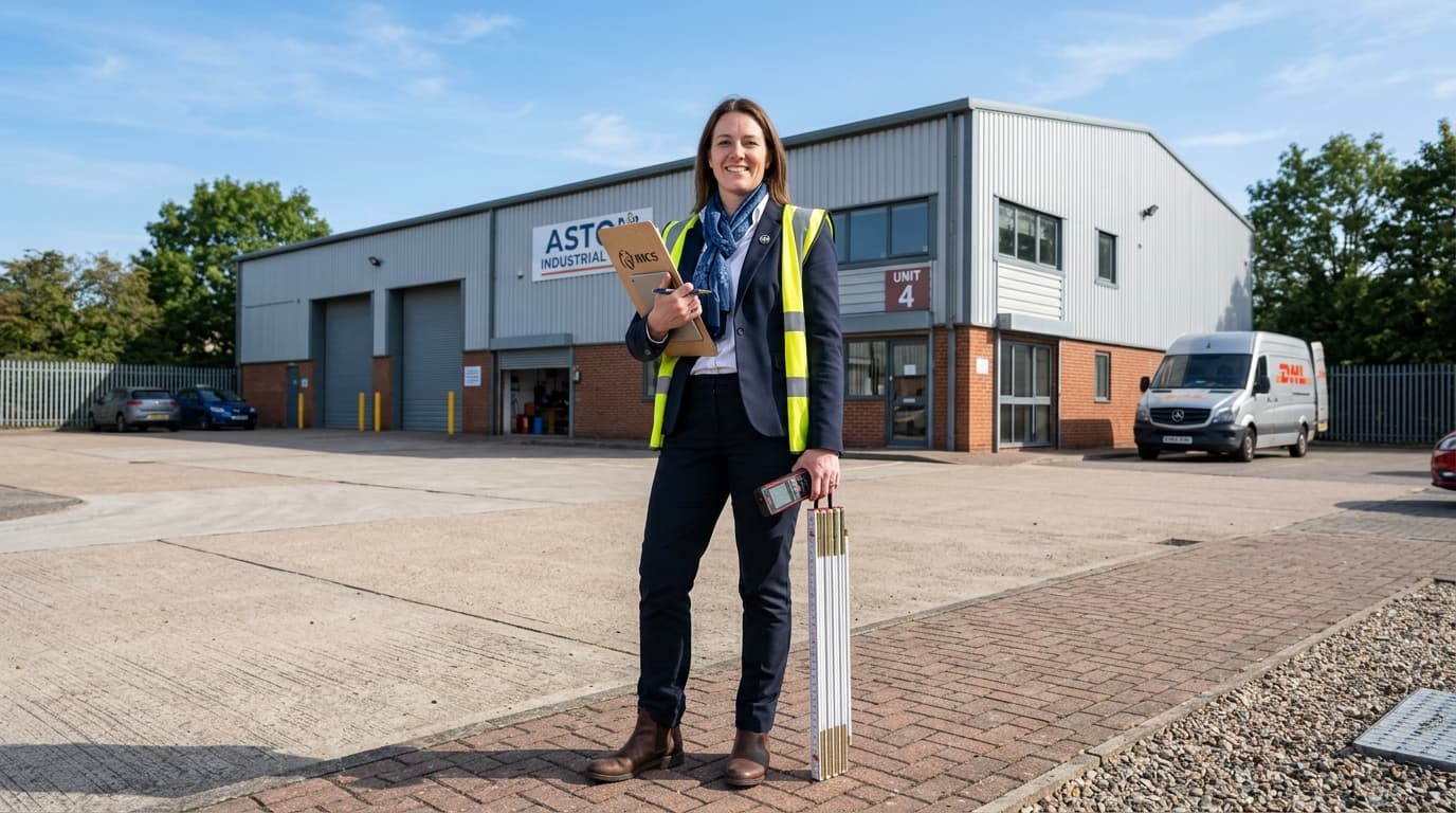 RICS chartered surveyor with tape measure assessing a commercial property exterior