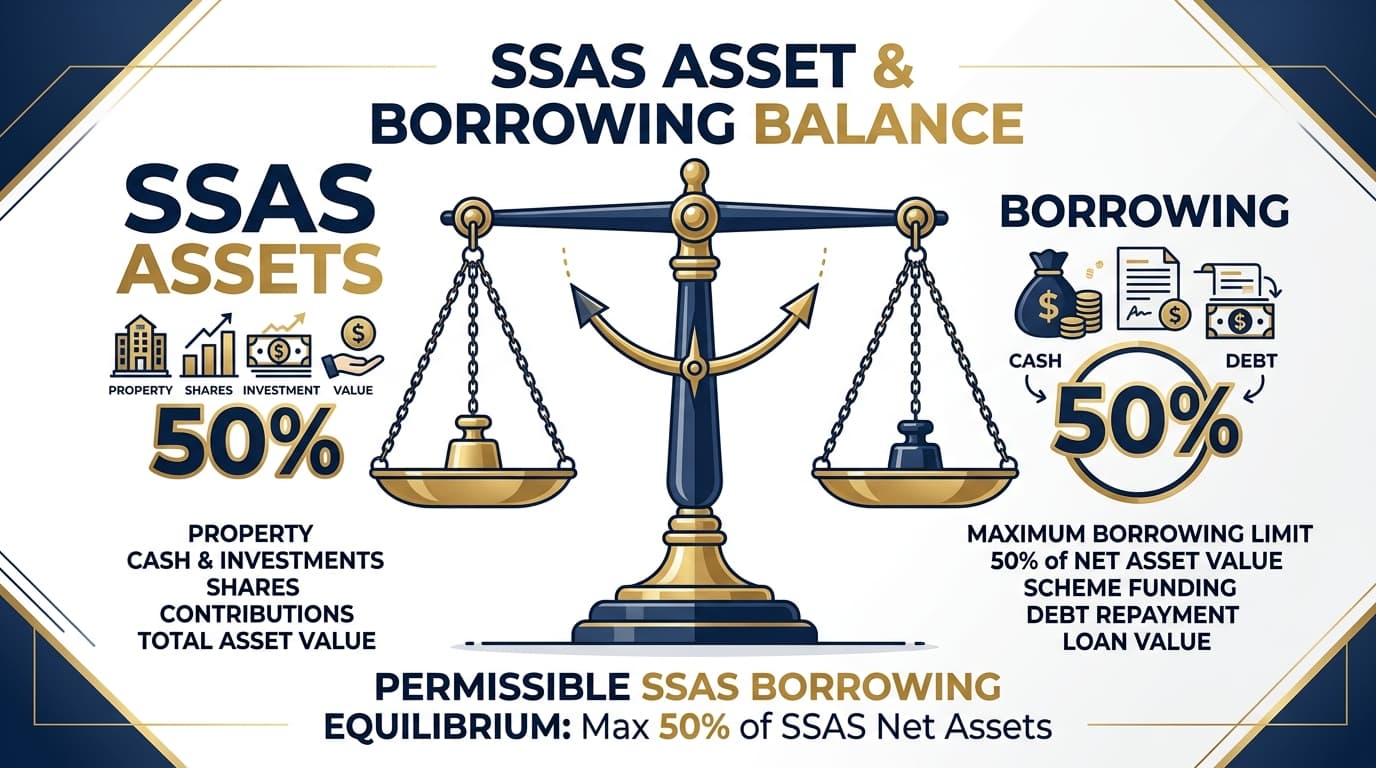 Diagram showing SSAS 50% LTV cap calculation with assets and borrowing