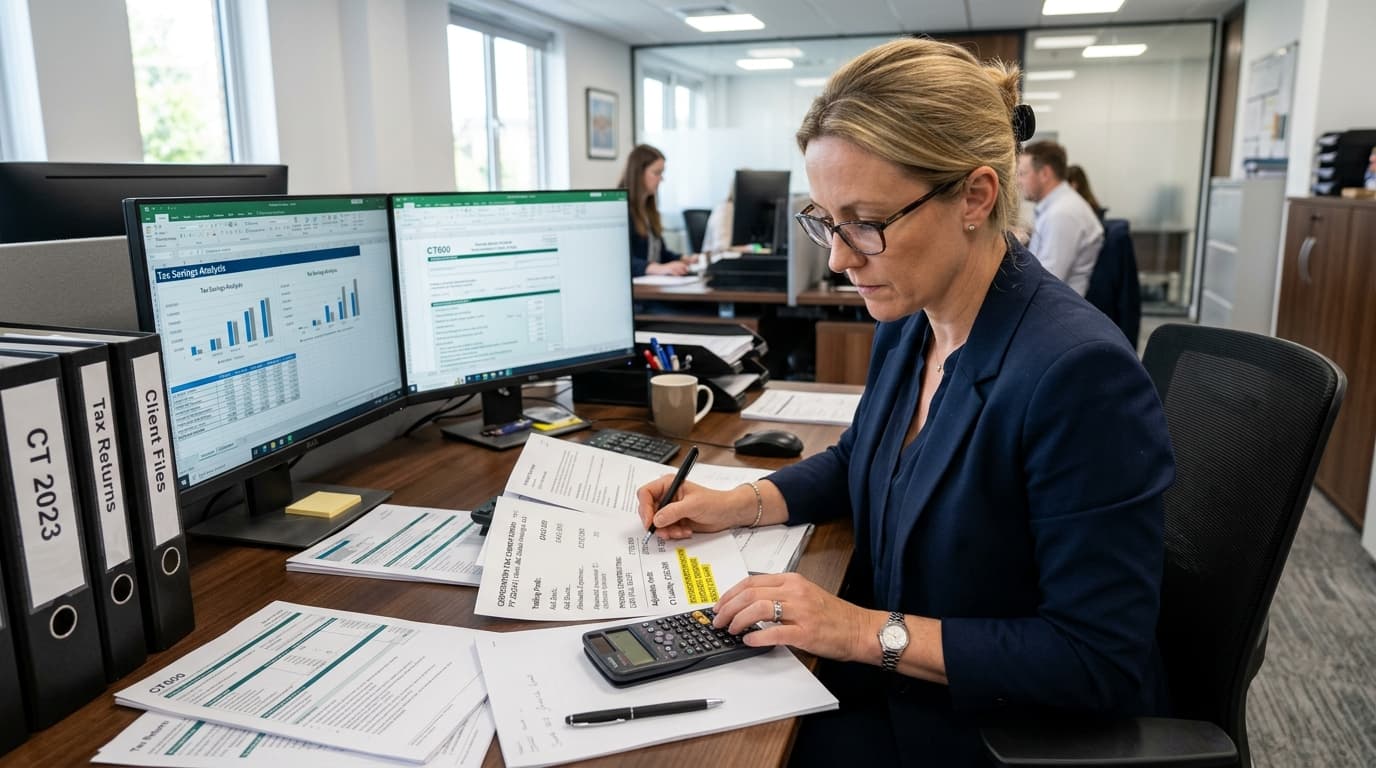 Accountant reviewing corporation tax savings from SSAS pension contributions