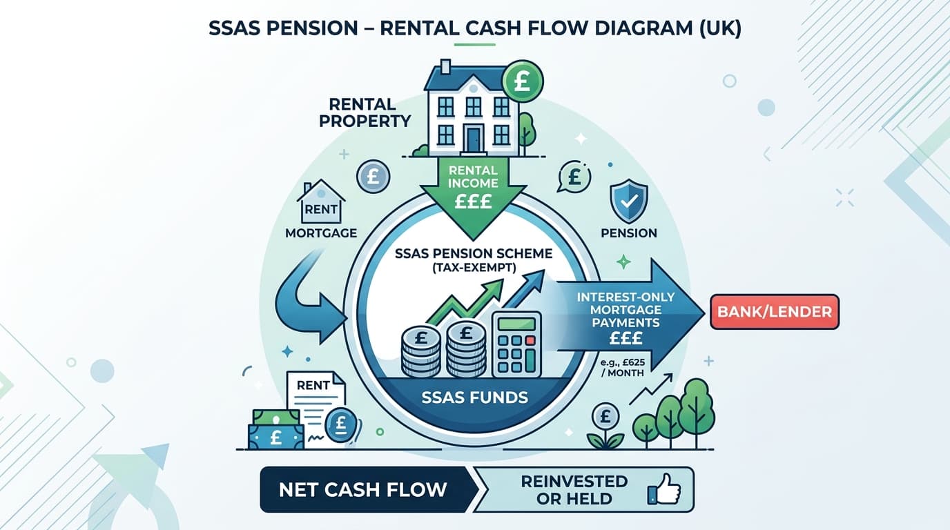 SSAS interest-only mortgage cash flow diagram showing rental income and interest payments