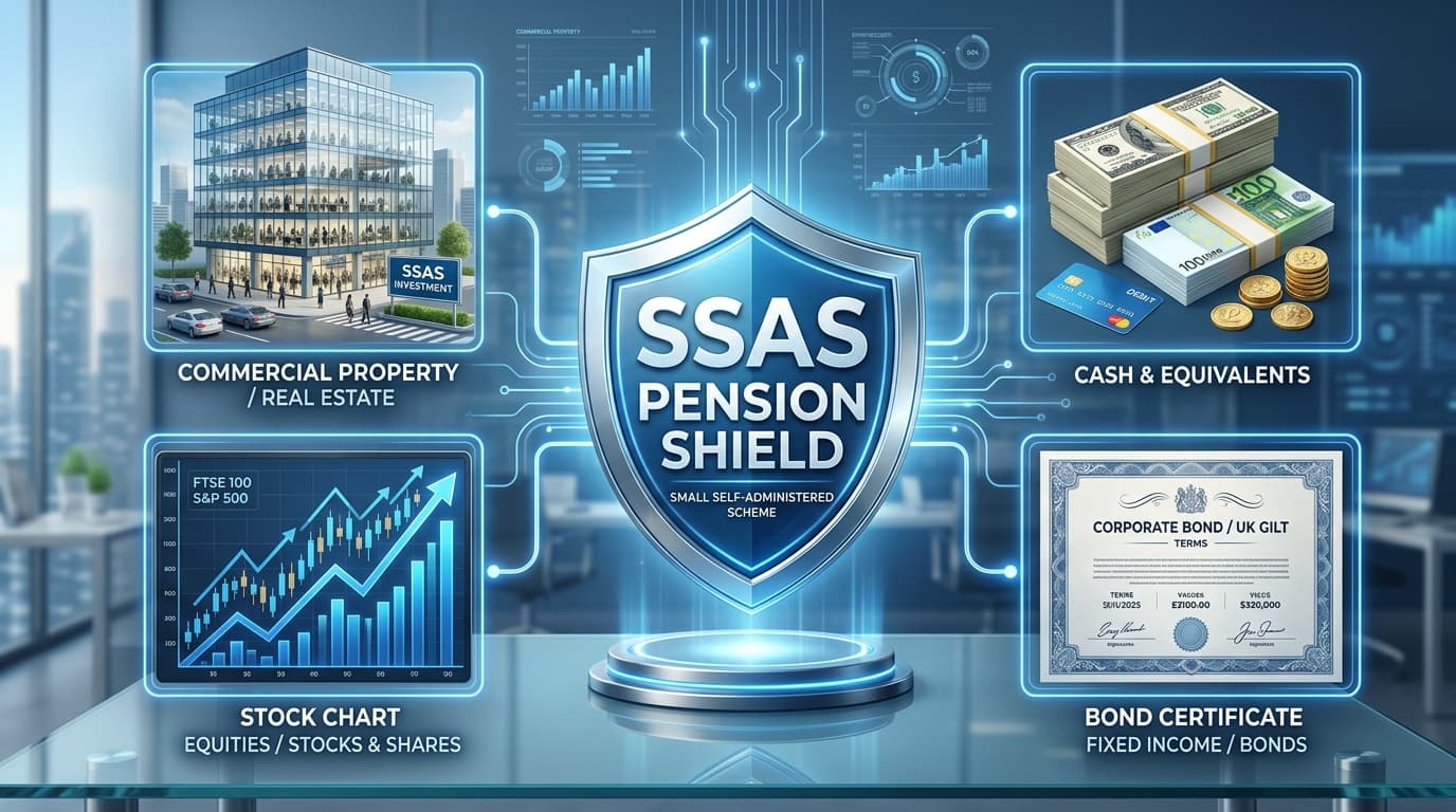 SSAS investment portfolio diagram showing commercial property, equities, and cash allocations