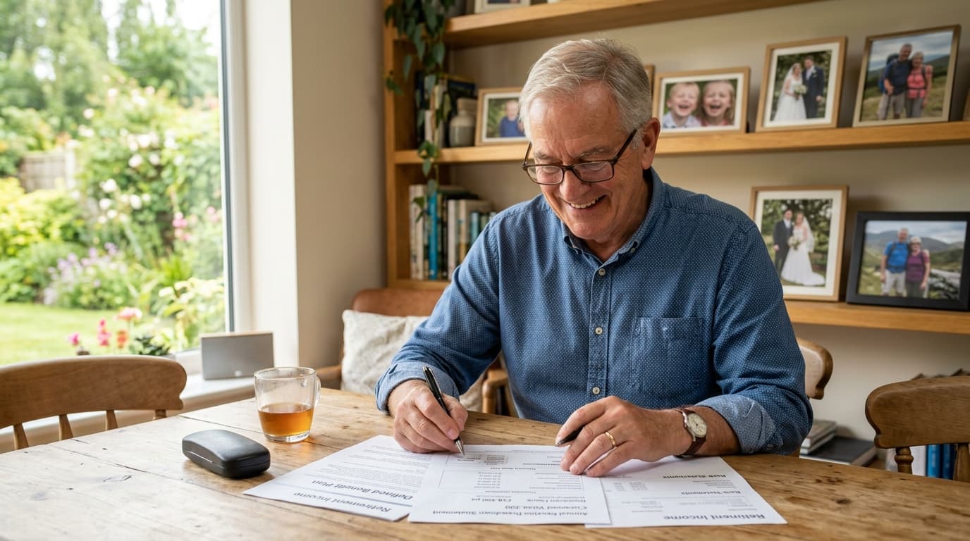 Retired business owner reviewing pension income documents in a comfortable home office
