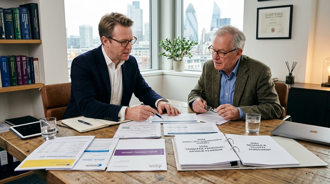 Financial adviser reviewing pension transfer documents with a business owner client