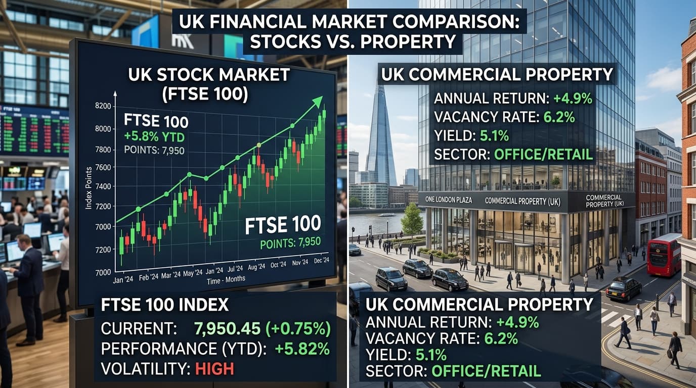 Comparison chart of commercial property returns versus equity market returns for pension investors