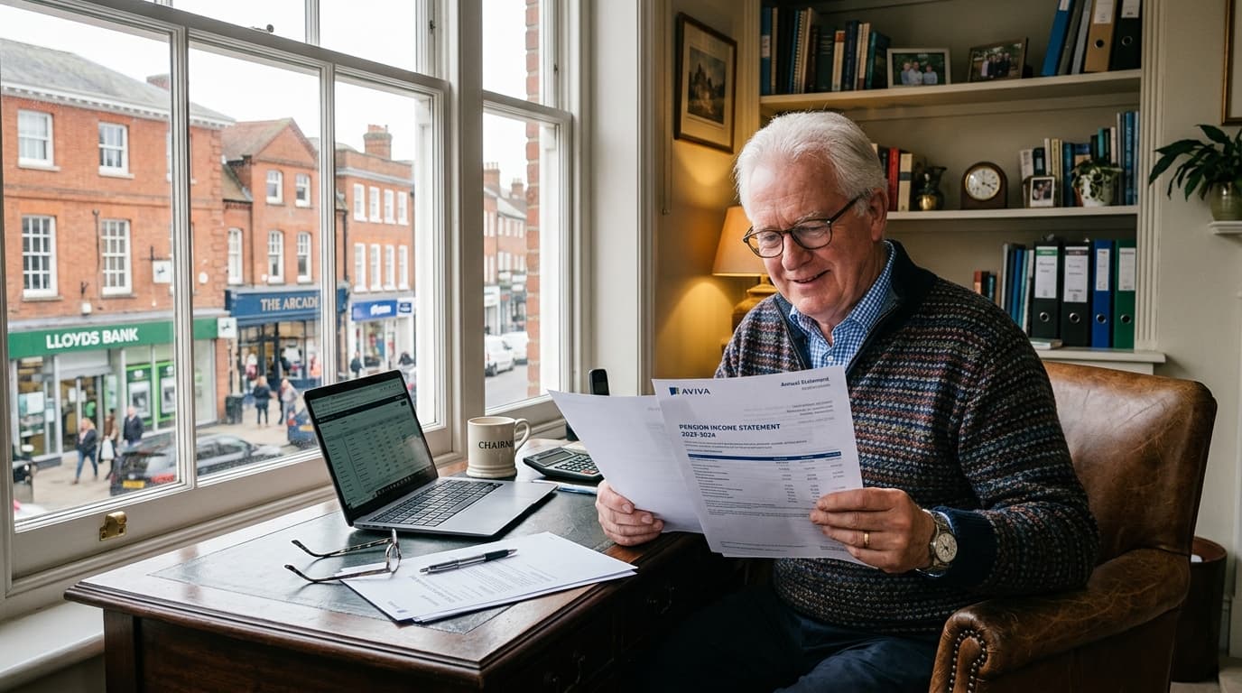 Retired couple reviewing pension income documents against a backdrop of their commercial property