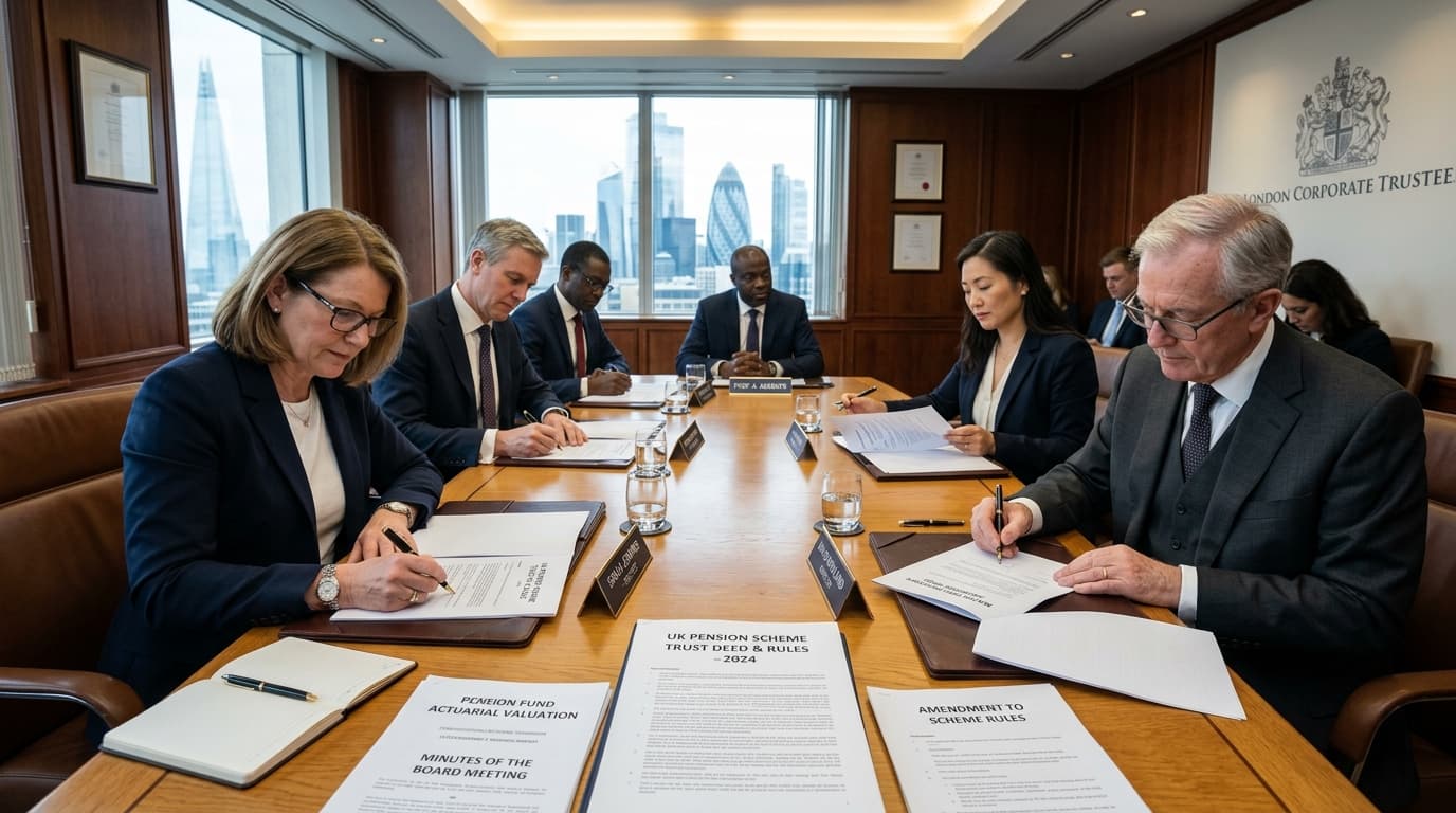 Business directors signing trustee documents around a boardroom table